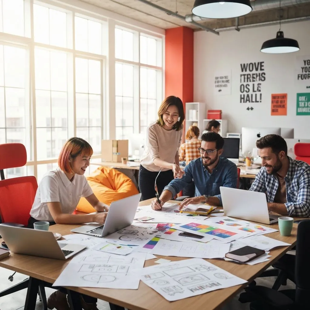 Dzentra team members working together in a creative collaborative workspace